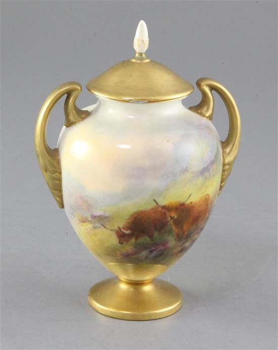 Harry Stinton for Royal Worcester. A two handled ovoid vase and cover, c.1936, height 17cm